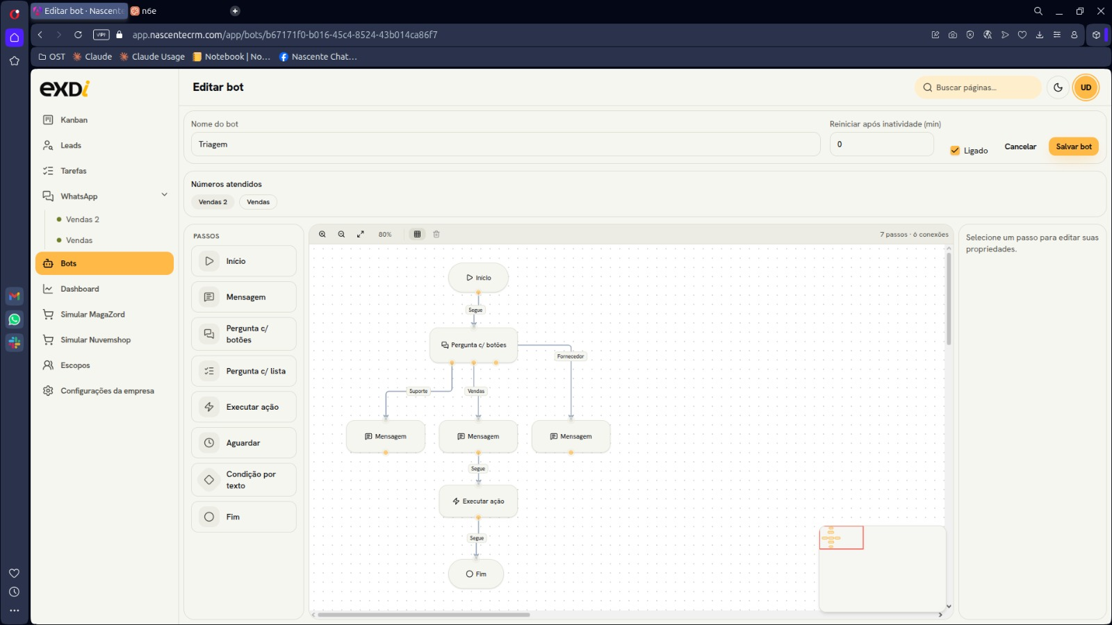 Editor de fluxos de bot do Nascente CRM: canvas com blocos conectados (início, mensagem, pergunta com botões, ação) e a paleta de passos