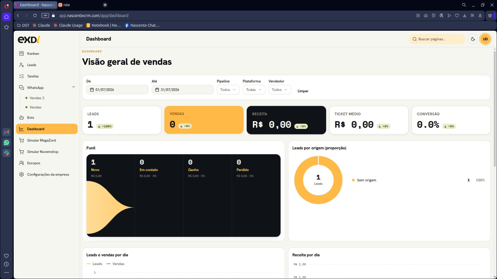 Tela do módulo de atendimento do Nascente CRM