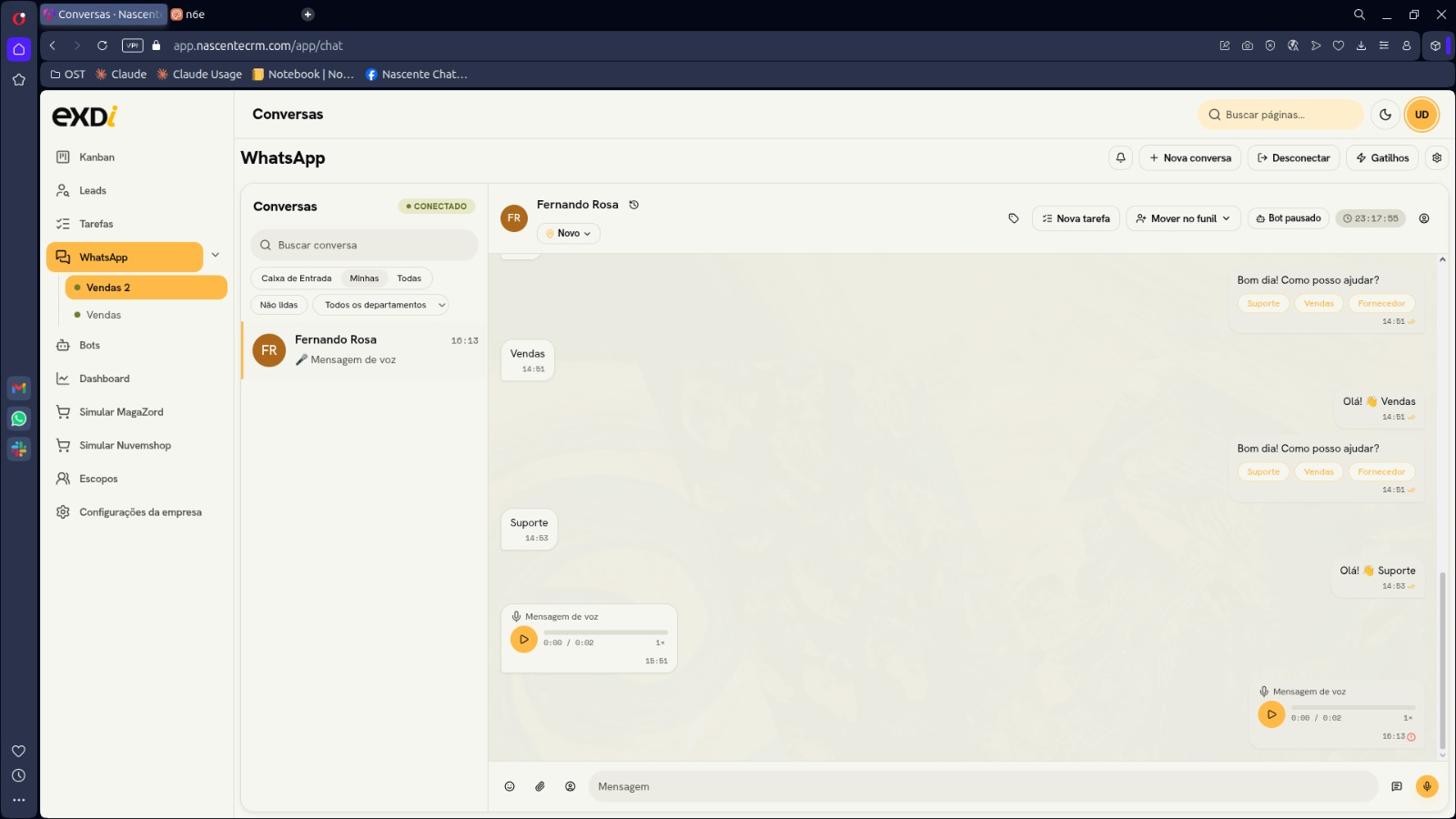 Módulo de atendimento do Nascente CRM: caixa de entrada de conversas do WhatsApp com a conversa aberta e as ferramentas do lead